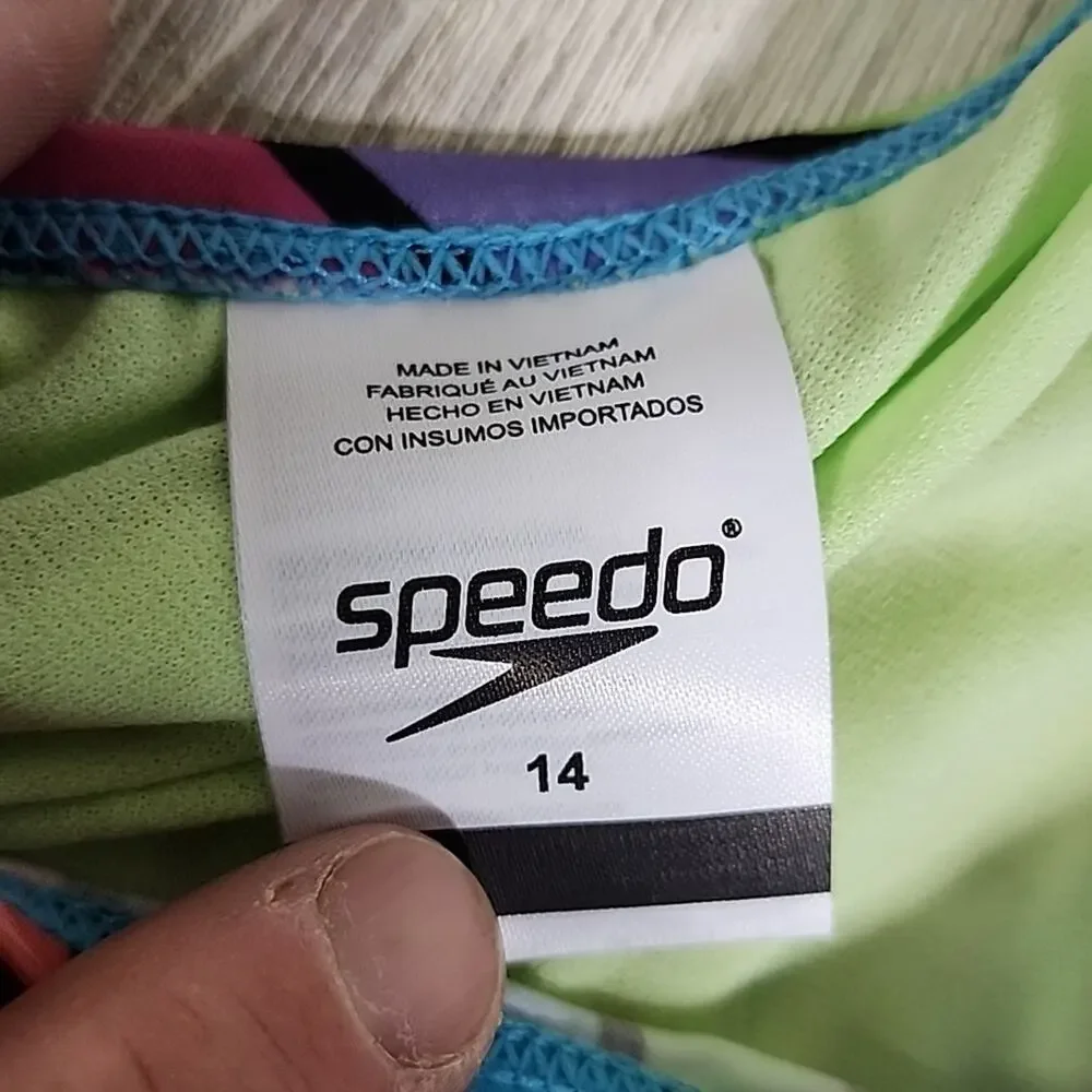 Speedo Girl's Size 14 Black Pink Blue Striped Bikini Swimsuit NWT